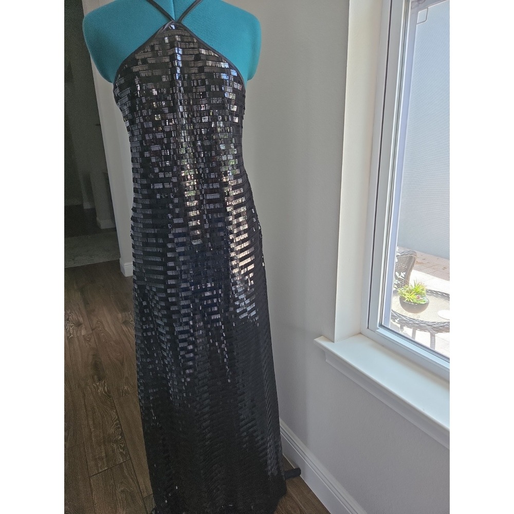 NWT Al.X Black Sequin Maxi Halter Straps Side Zipper Size Large